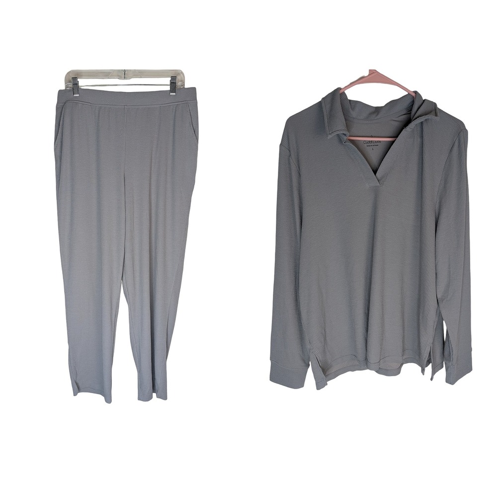 Cuddl Duds Lounge Set Womens Large Grey Ribbed V-Neck Top Tapered Pants 2 Piece